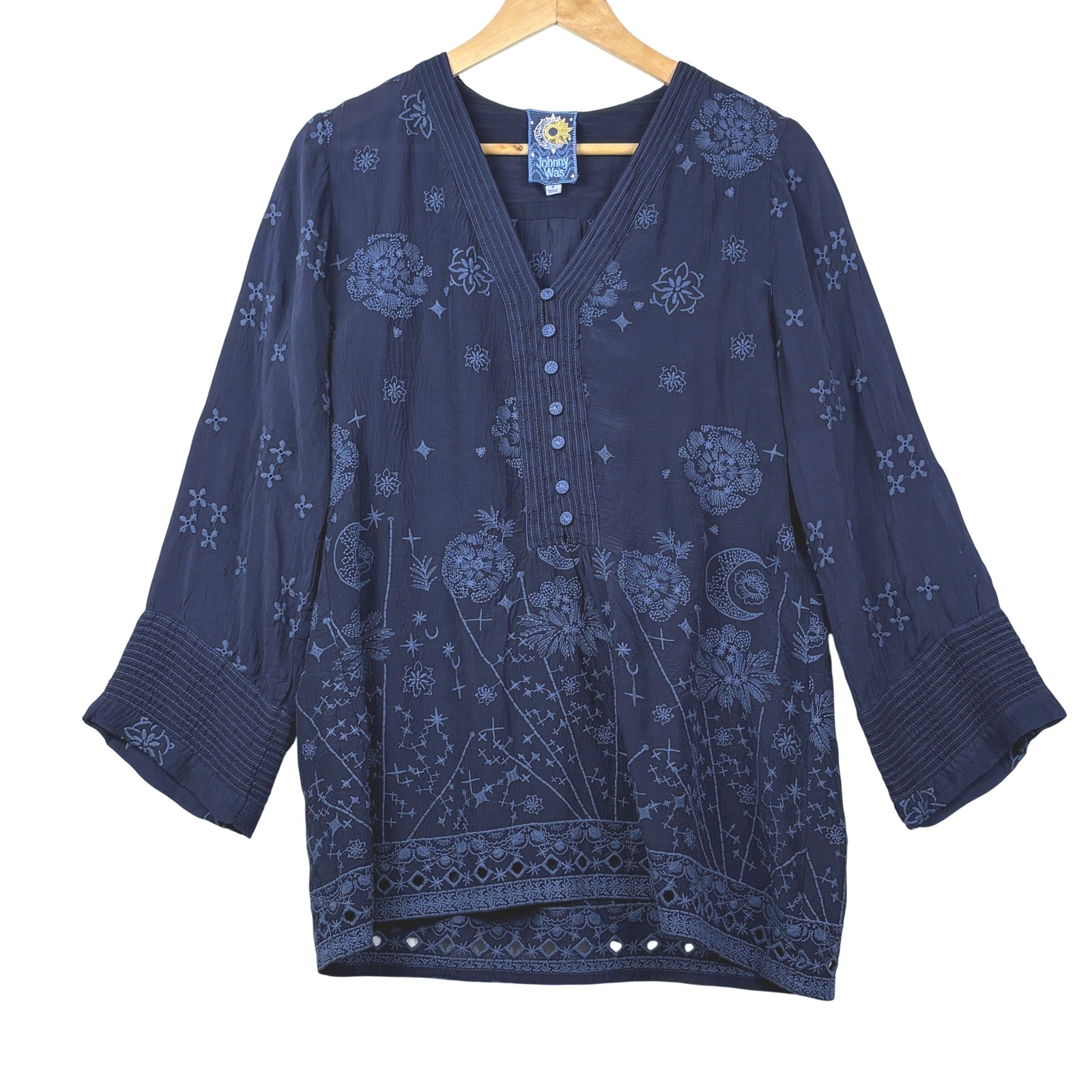 Johnny Was Embroidered ¾ Sleeve Boho Peasant Tunic Blouse Sz S Gypsy